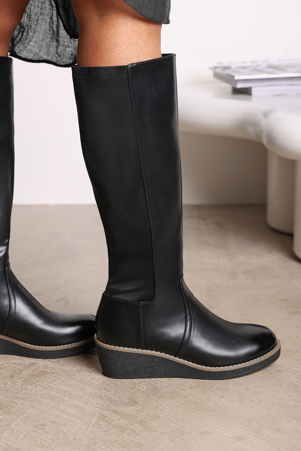 Black 'Livia' Knee High Wedge Boot Stitch Detail, Image 1 of 6