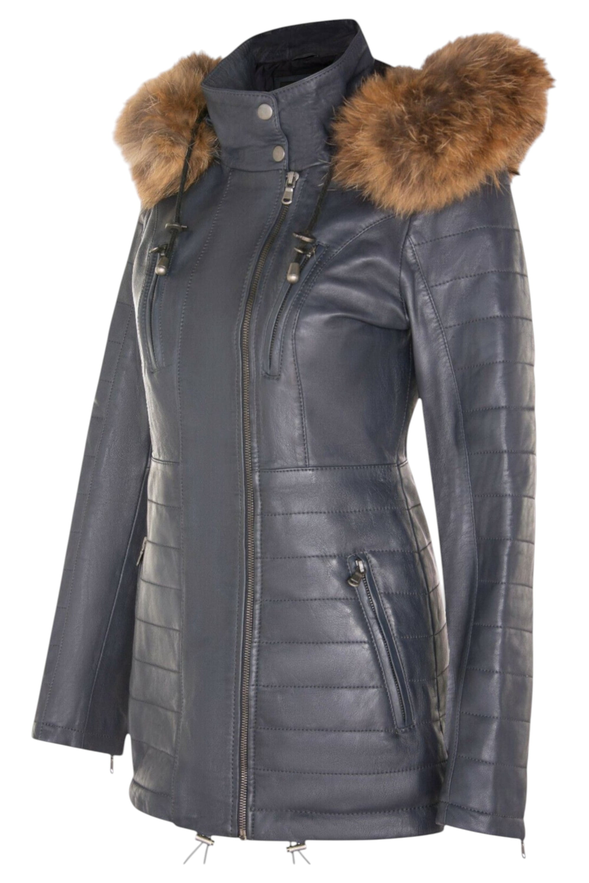 Blue Quilted Leather Parka Jacket-Bowen, Image 6 of 7