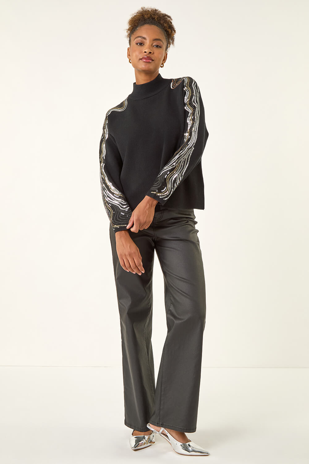 Black Wave Sleeve Knit Jumper, Image 3 of 5