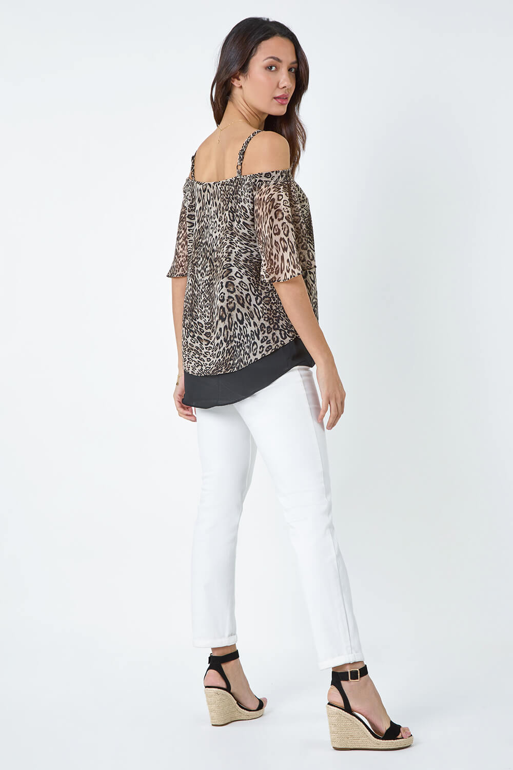 Brown Cold Shoulder Animal Print Chiffon Top, Image 4 of 5
