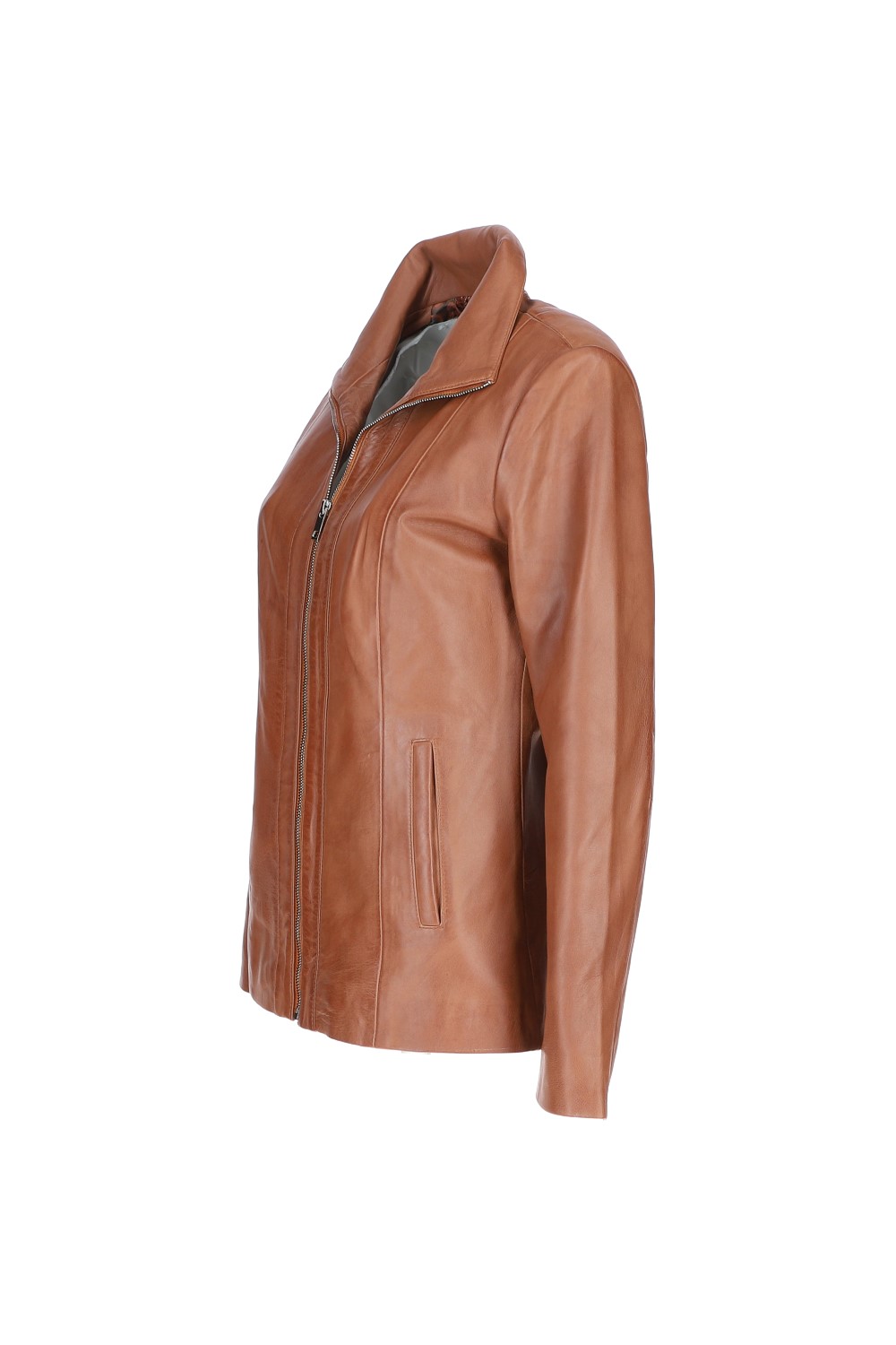 Tan Casual Leather Jacket with Classic Collar, Image 3 of 5