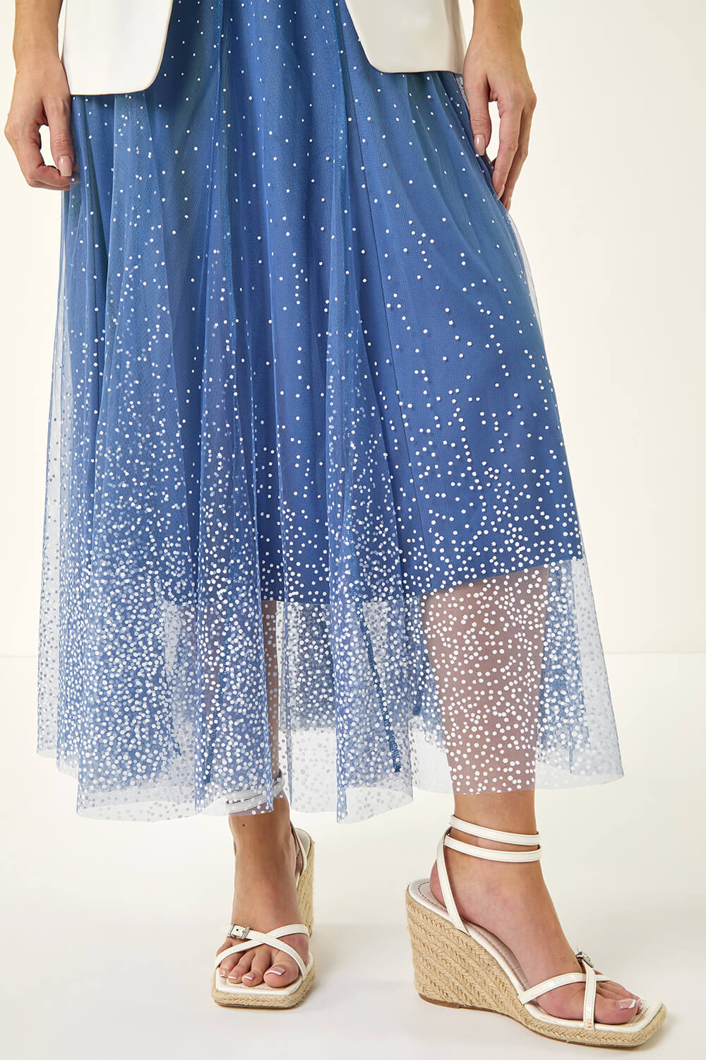 Blue Polka Dot Print Elasticated Mesh Skirt | Roman UK