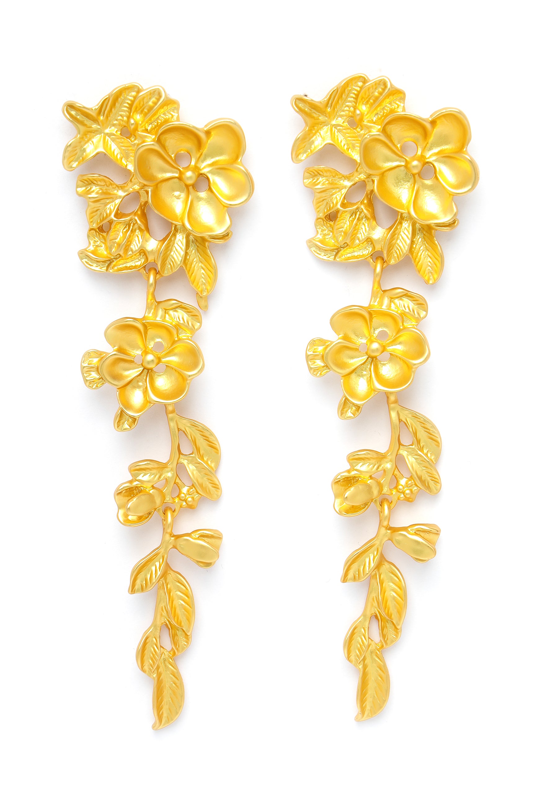 Metallic Gold-Coloured Floral Long Earrings