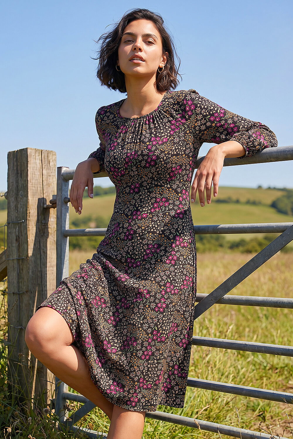 Black Square Neck Ditsy Dress, Image 1 of 4