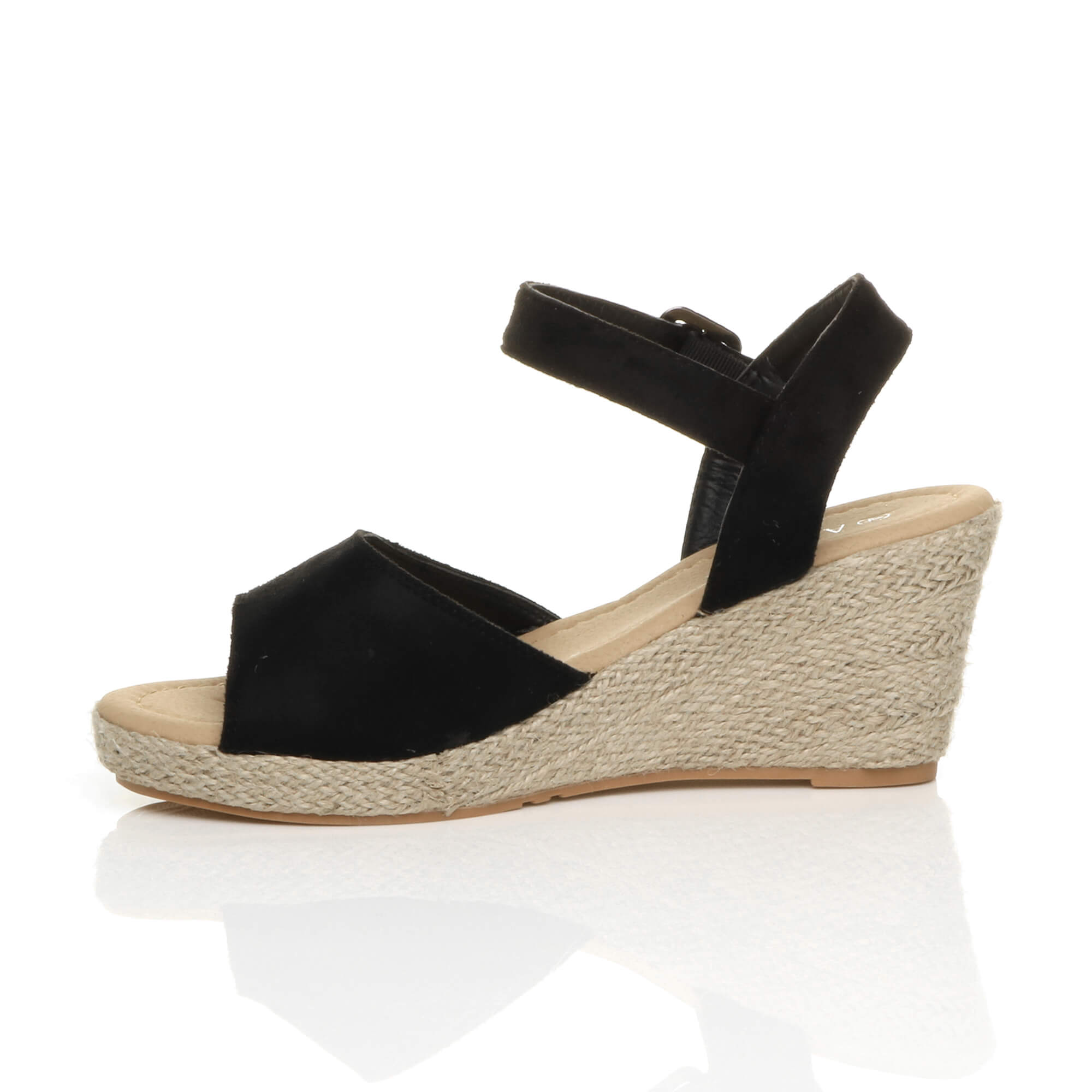 Black AJVANI Black Mid Wedge Heel Ankle Strap Sandals Espadrilles, Image 3 of 6