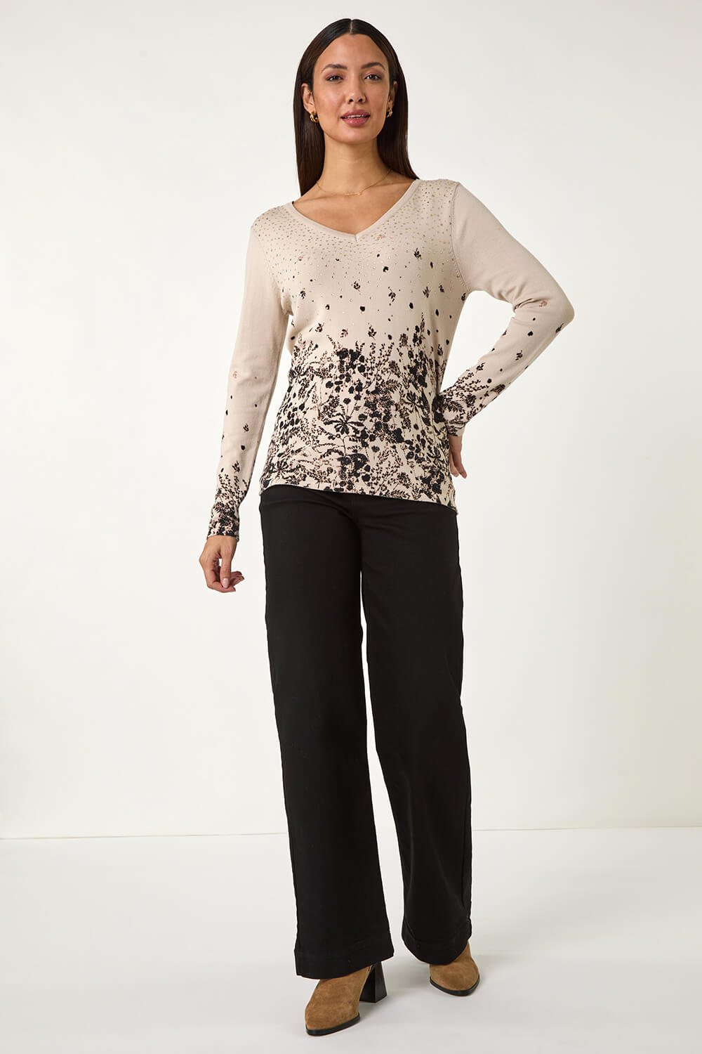 Biscuit Sparkly Floral V-Neck Knit Jumper, Image 3 of 5