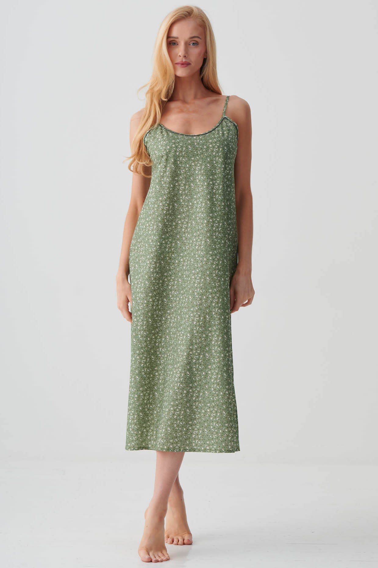 Pale Green British Boxers Pale Green "Shrub Sage" Flower Crisp Cotton Strappy Nightdress, Image 1 of 3