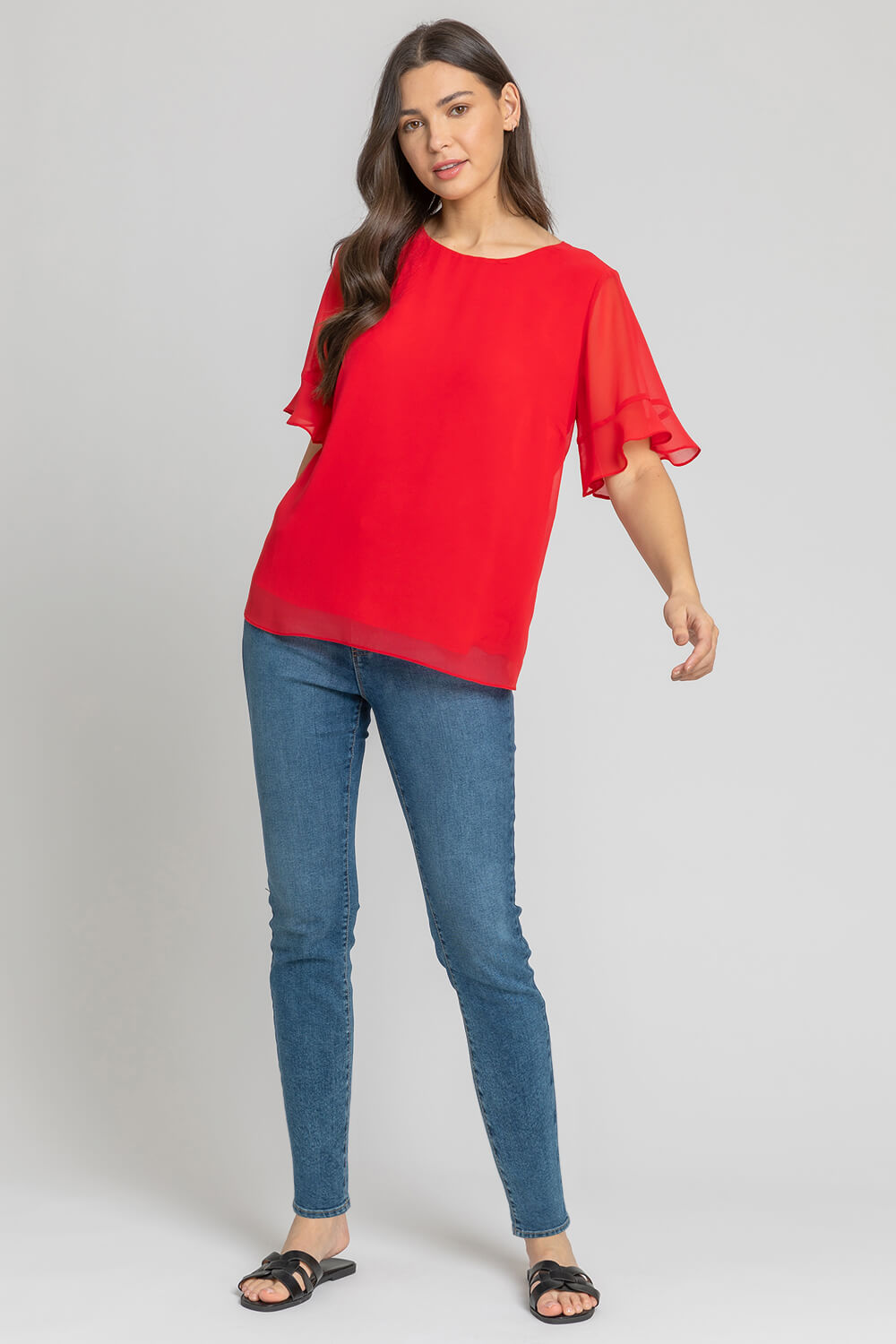 Red Plain Frill Detail Chiffon Top, Image 4 of 4