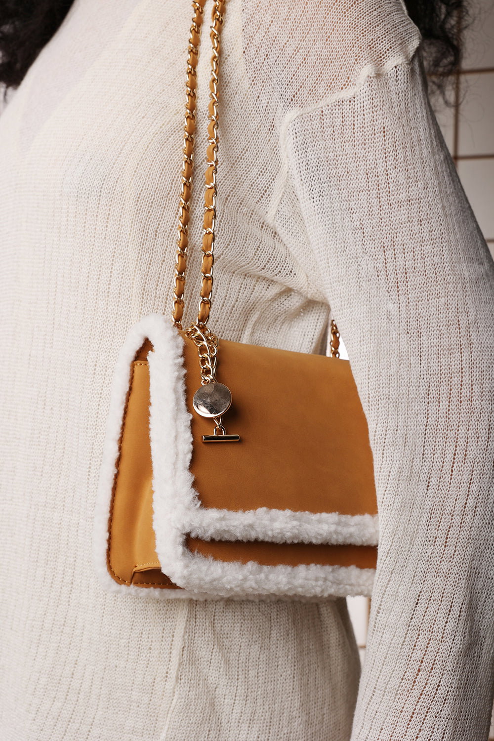 Tan Freesia Top Handle Satchel Borg Trim Tote Bag, Image 7 of 8