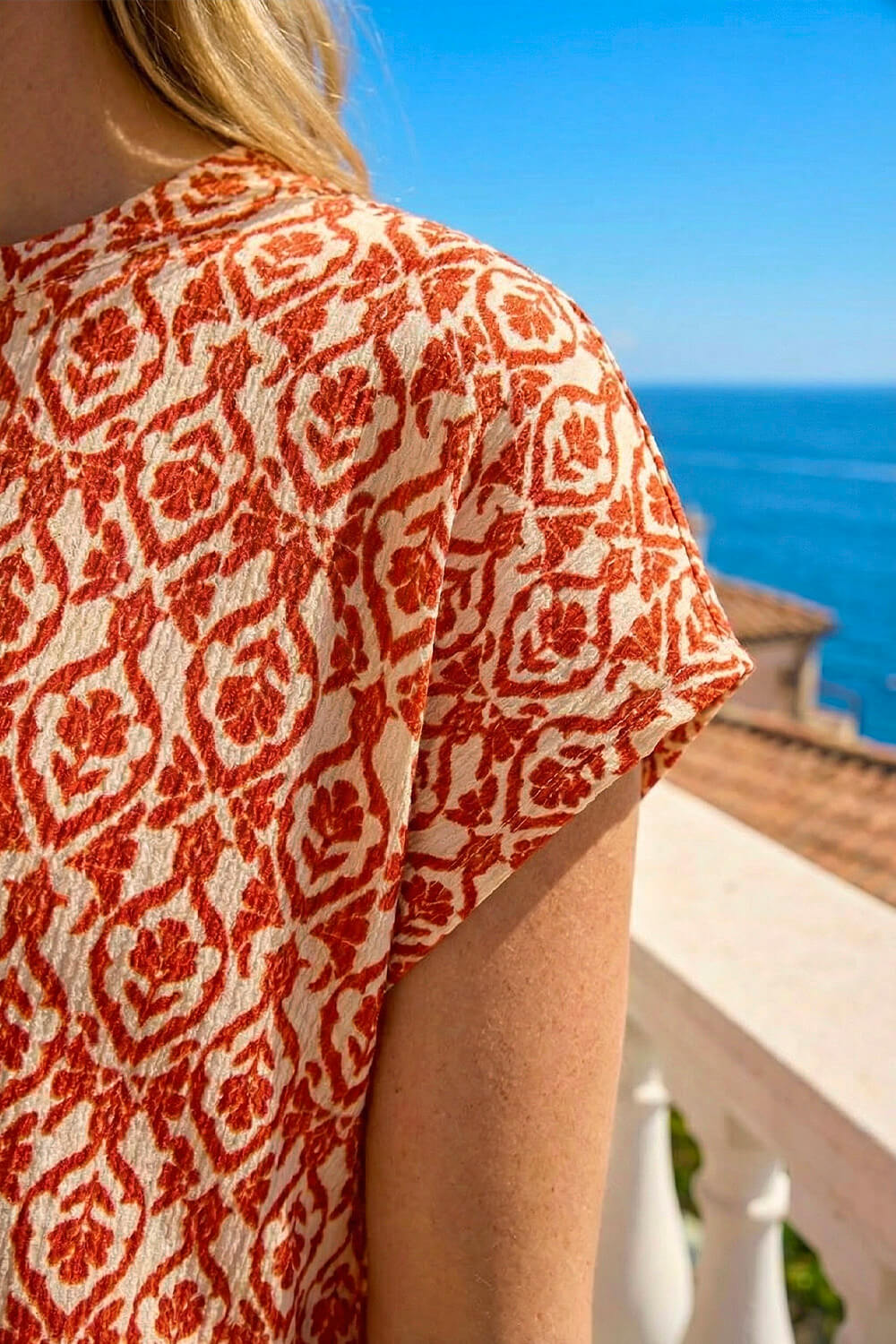 Rust Geo Print Bubble Hem Top, Image 5 of 4