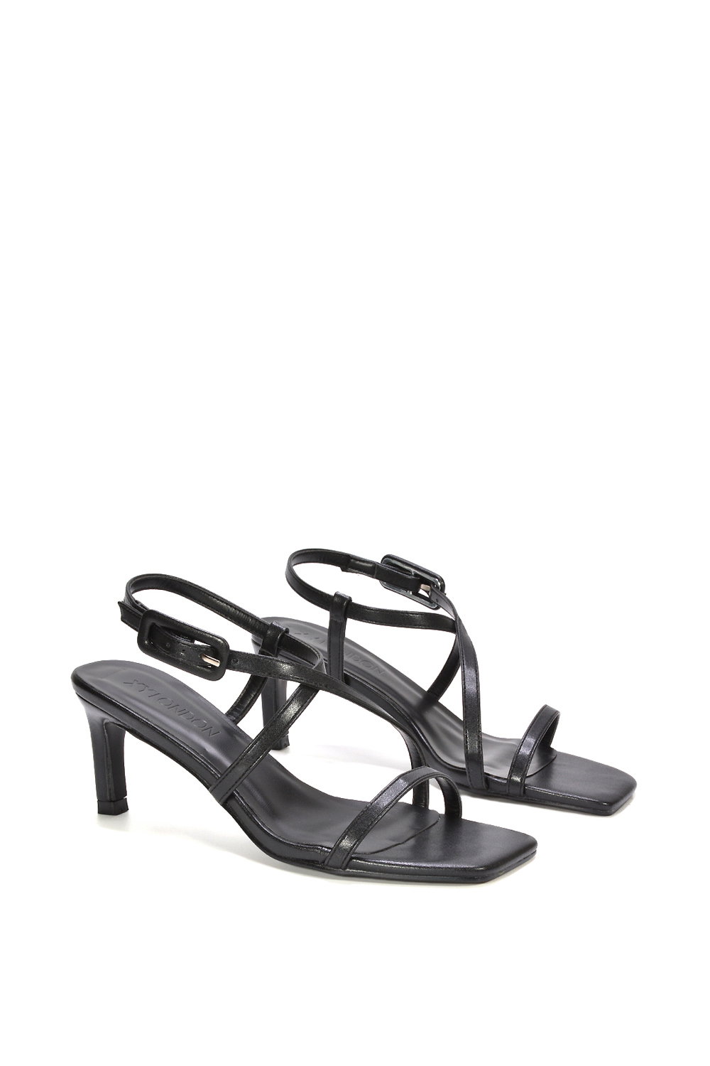 Black XY LONDON Black 'Gabriella' Square Toe Mid Stiletto Heel Sandals With Adjustable Strap, Image 4 of 5