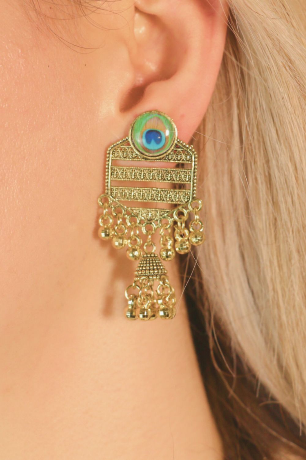 Gold Peacock Indian Boho Oxidised Drop Ethnic Dome Jhumka Earring, Image 1 of 2