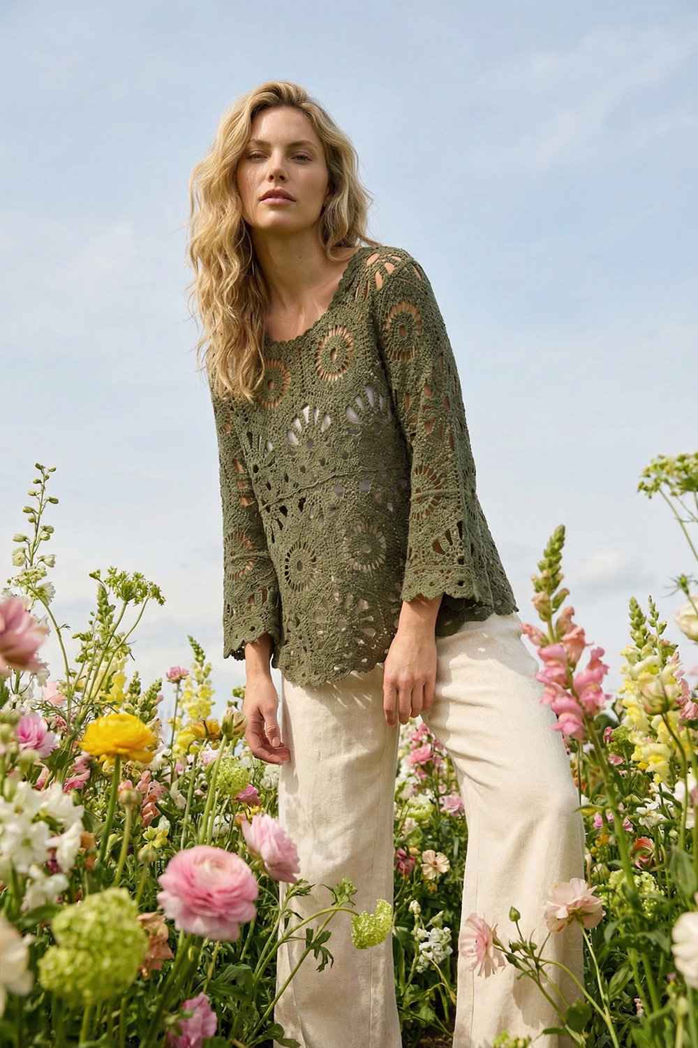 Roman Petite Women's Khaki Crochet Flare Sleeve Top Large