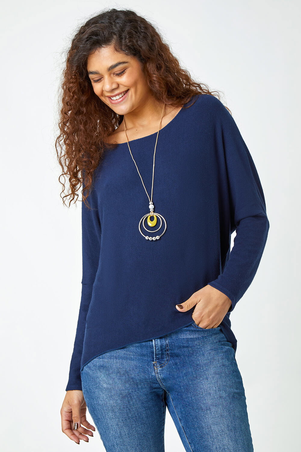 Navy Necklace Detail Stretch Knit Top, Image 1 of 5