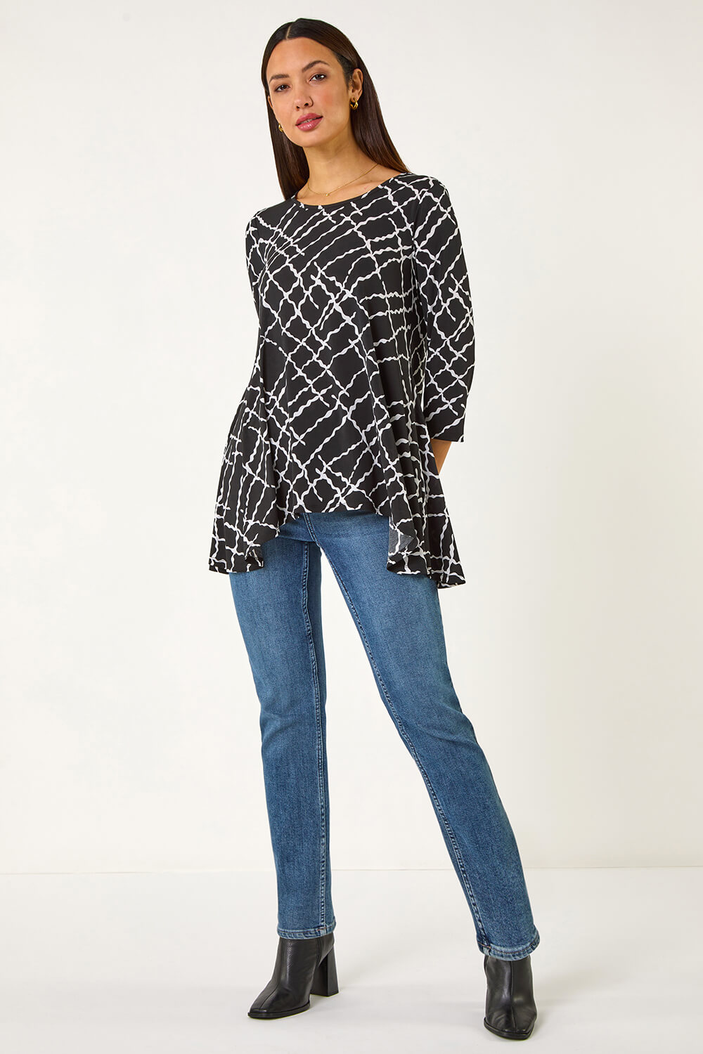 Black Abstract Check Print Asymmetric Tunic, Image 4 of 5