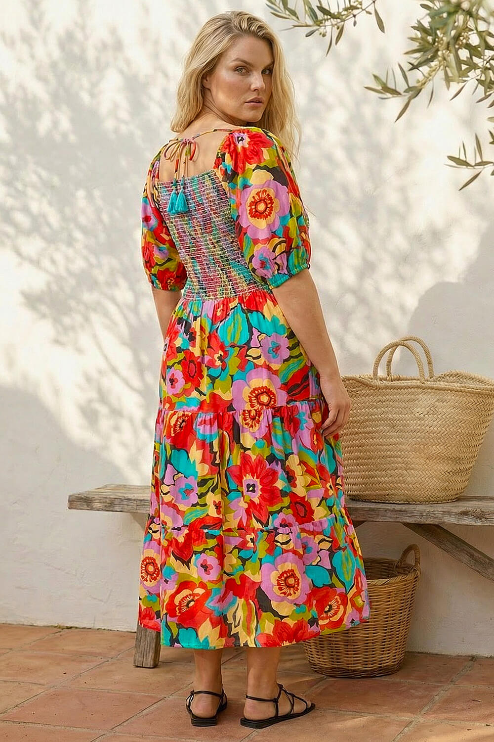 Pink Curve Floral Shirred Midi Dress, Image 4 of 4
