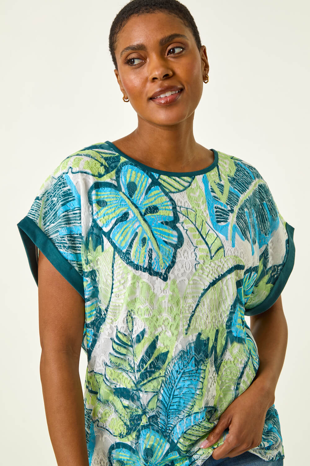 Blue Leaf Print Lace Jersey Top, Image 1 of 5