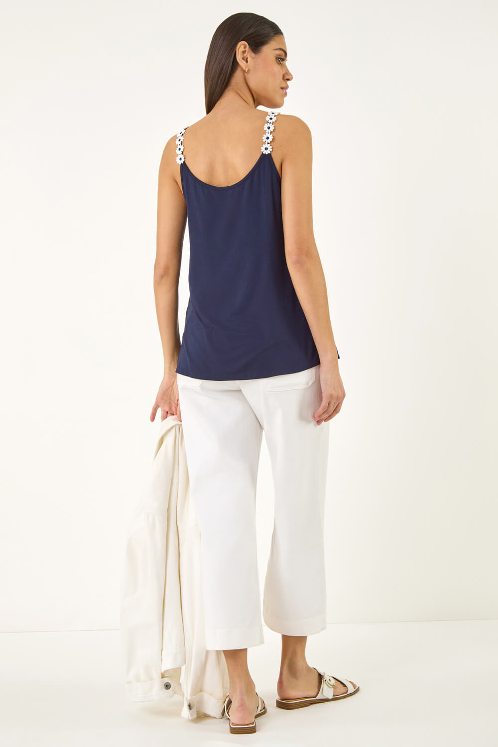 Navy Daisy Trim Strappy Vest Top, Image 4 of 5
