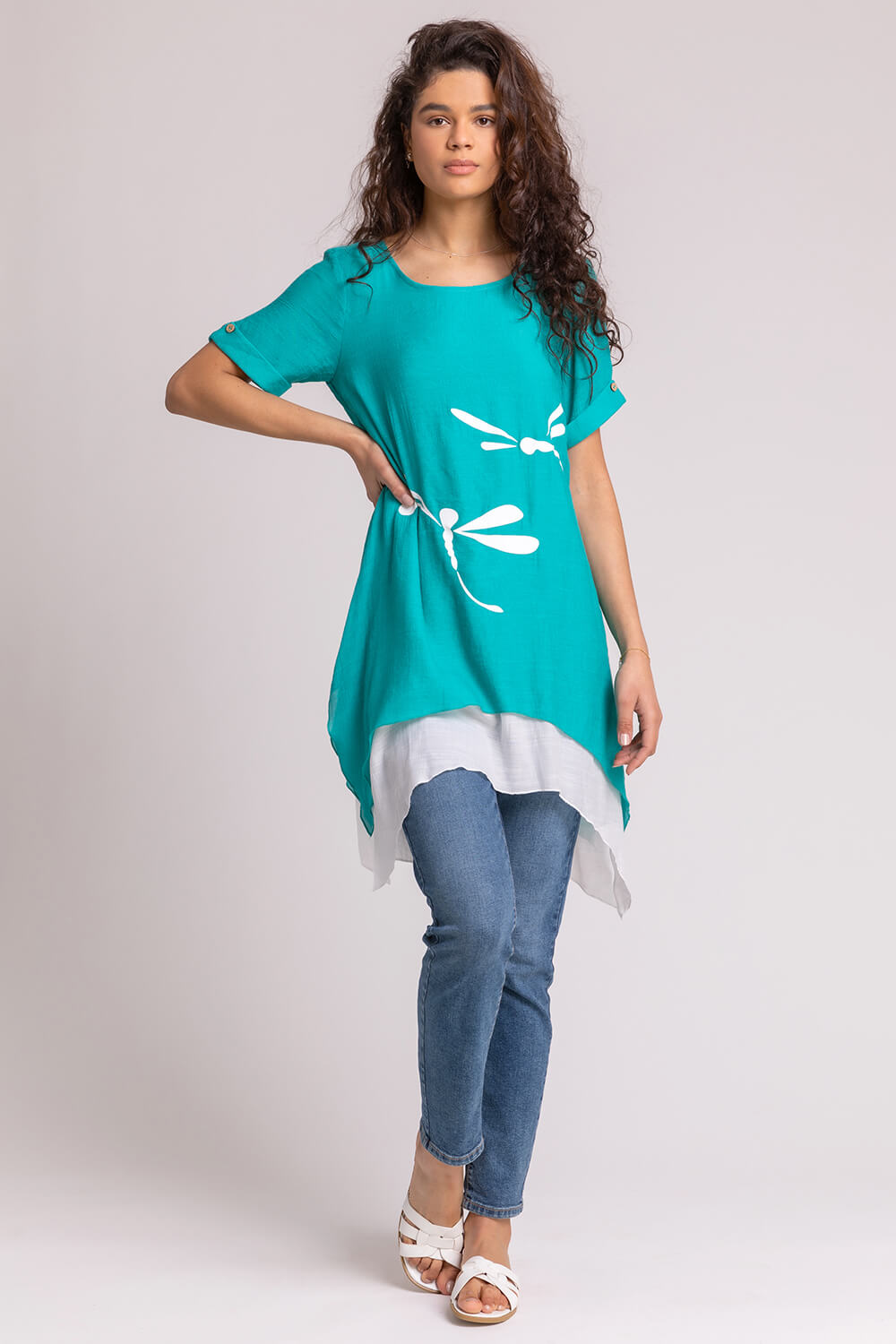 Aqua Dragonfly Print Asymmetric Tunic Top, Image 4 of 4