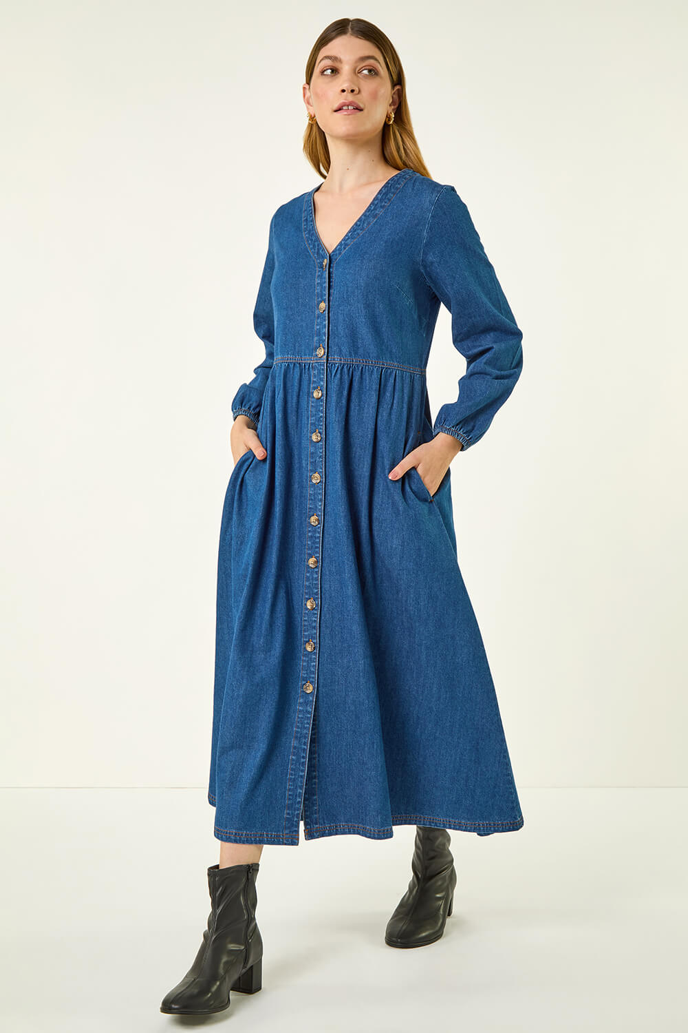 Blue Denim Button Down Midi Dress, Image 1 of 5