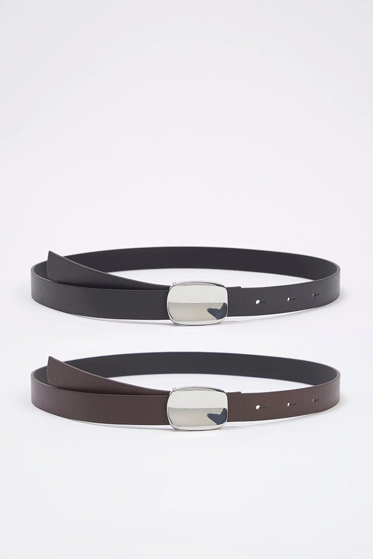 Multi Double Pack Silver Oval Plaque Buckle Slim Faux Leather Belt, Image 2 of 2