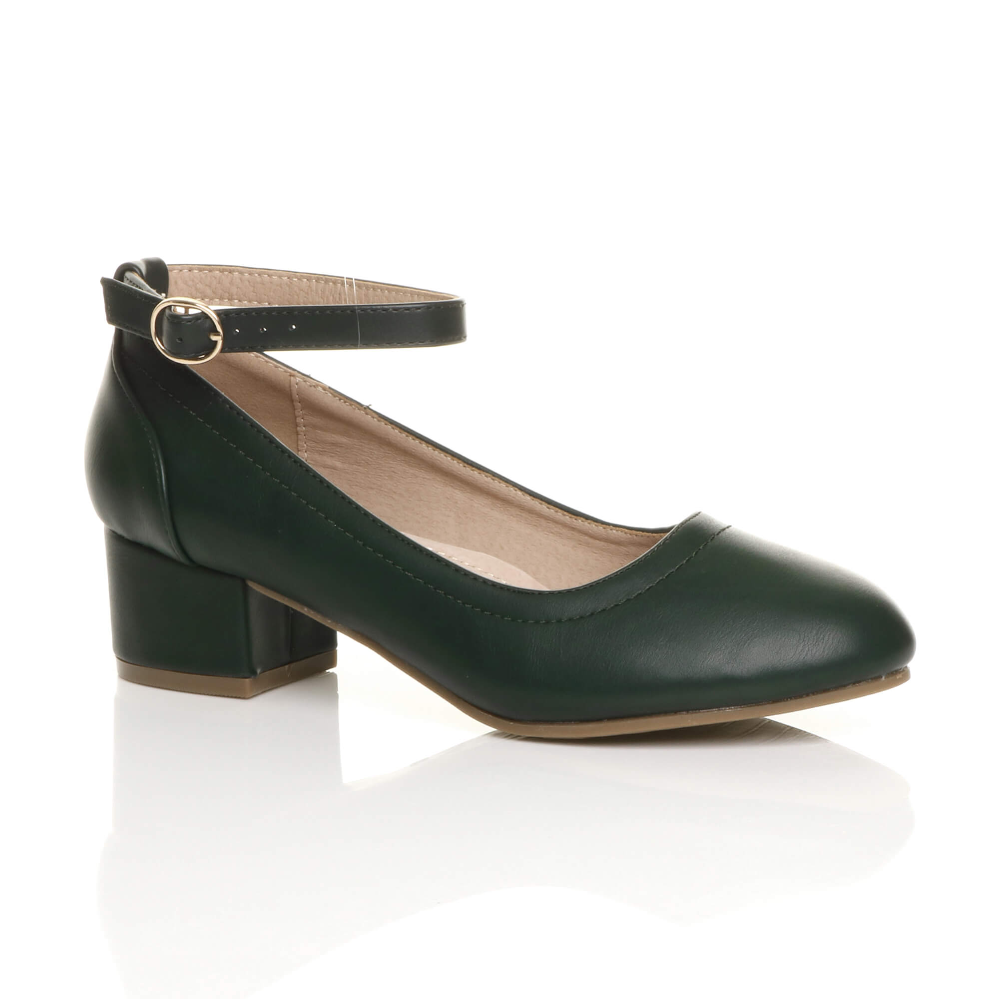 Green AJVANI Green Low Block Heel Ankle Strap Court Shoes, Image 1 of 6