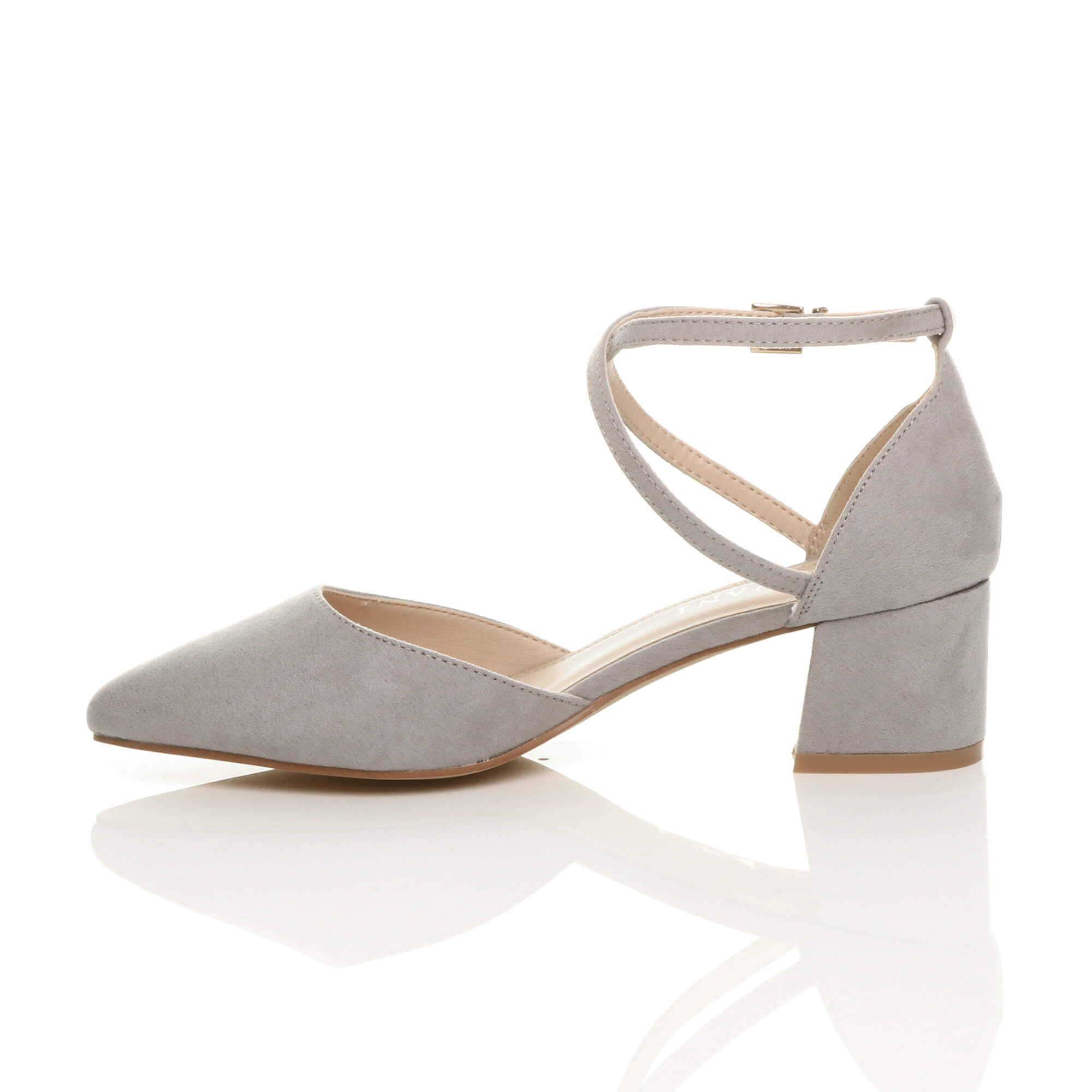 Grey Mid Block Heel Crossed Strap Pointed Toe 2 Part Heels, Image 3 of 6