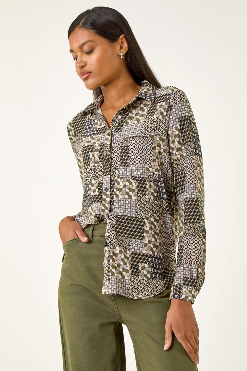 Grey Patchwork Print Stretch Top, Image 5 of 5
