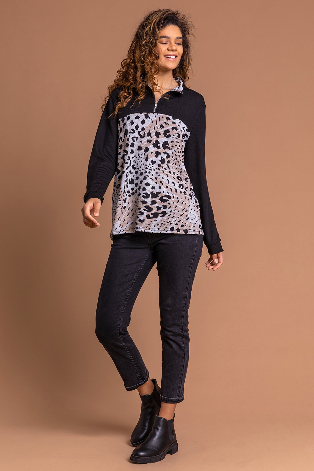 Black Animal Print Contrast Long Sleeve Zip Top, Image 4 of 4