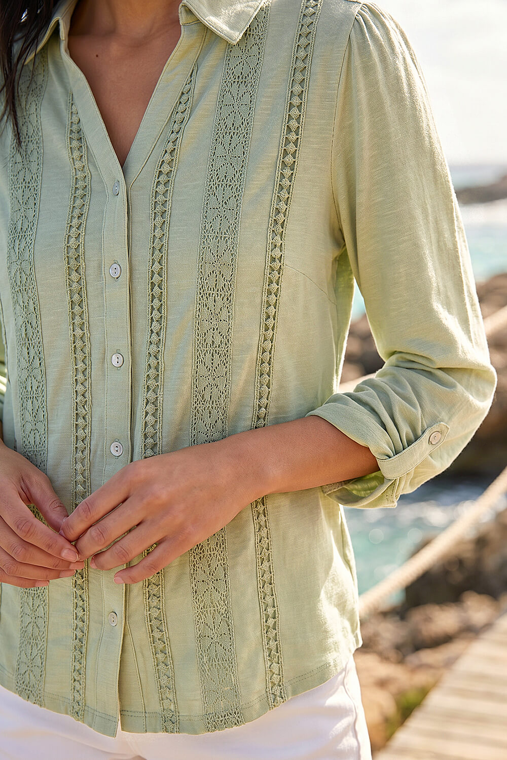 Sage Petite Cotton Lace Trim Blouse , Image 5 of 4