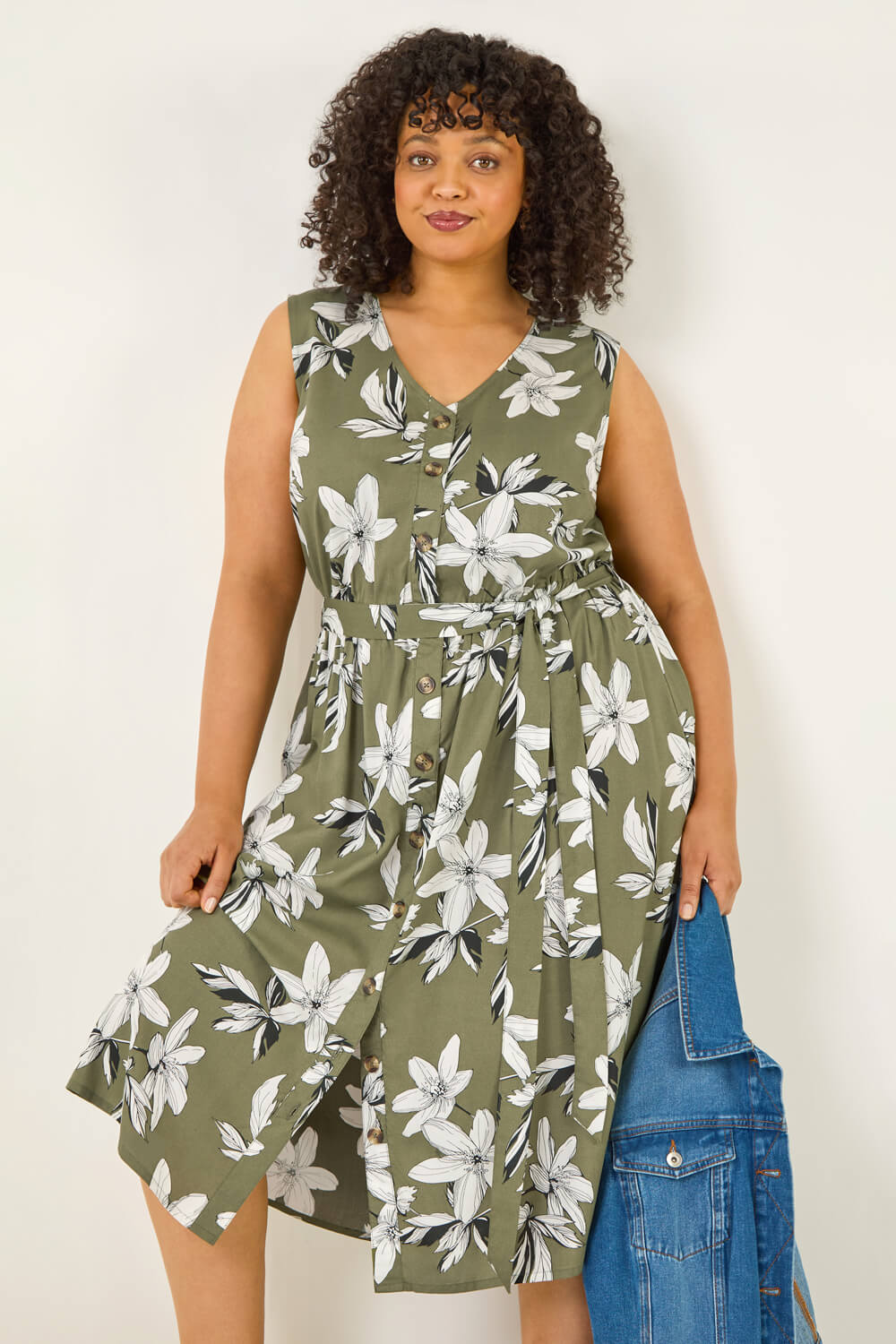 Roman Curve Women's Khaki Floral Button Midi Dress Size 30-32