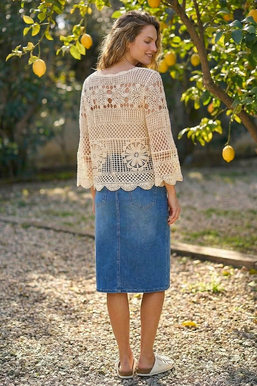 Natural Crochet Knit Flared Sleeve Top, Image 4 of 4