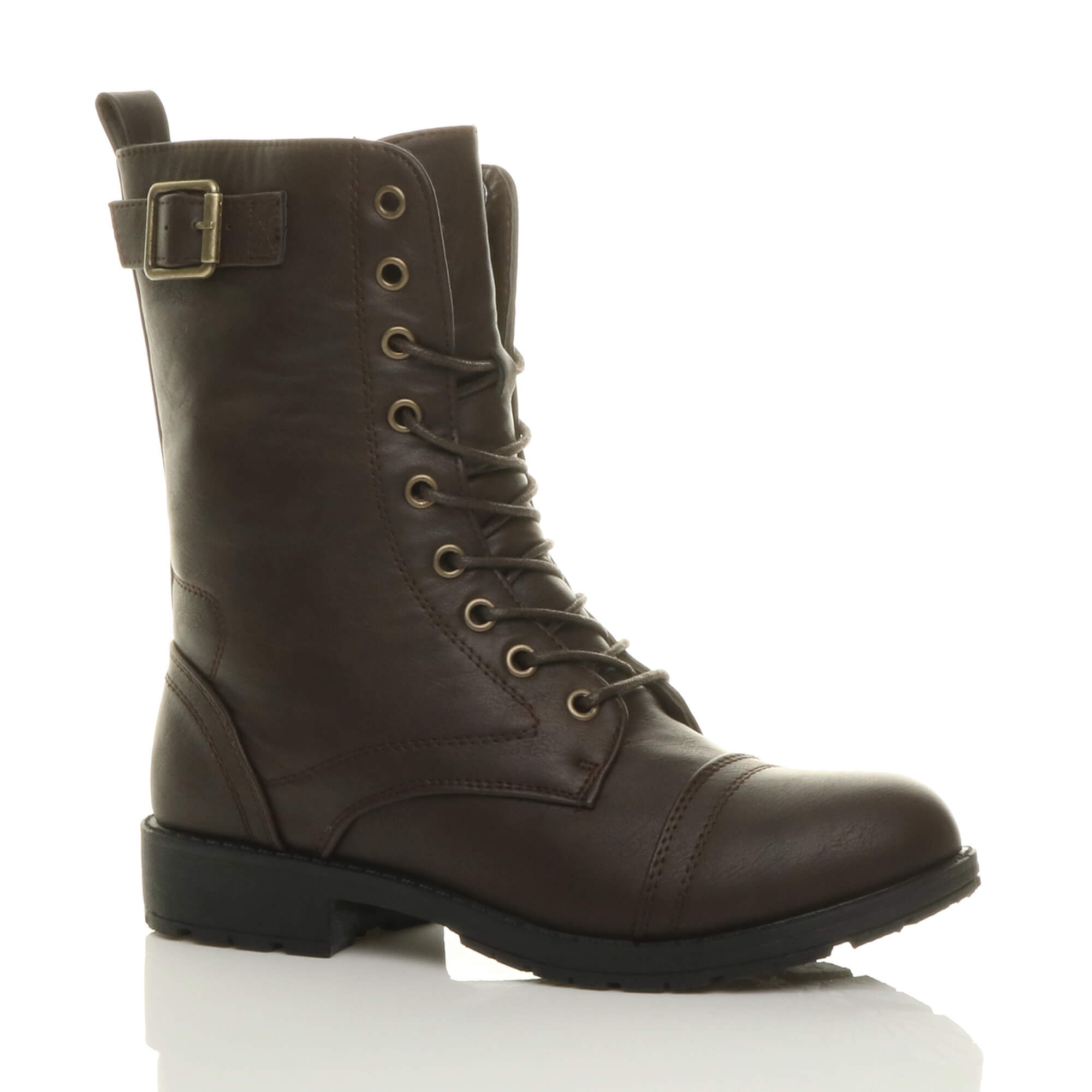 Brown Lace Up Buckles Military Biker Ankle Boots, Image 1 of 5