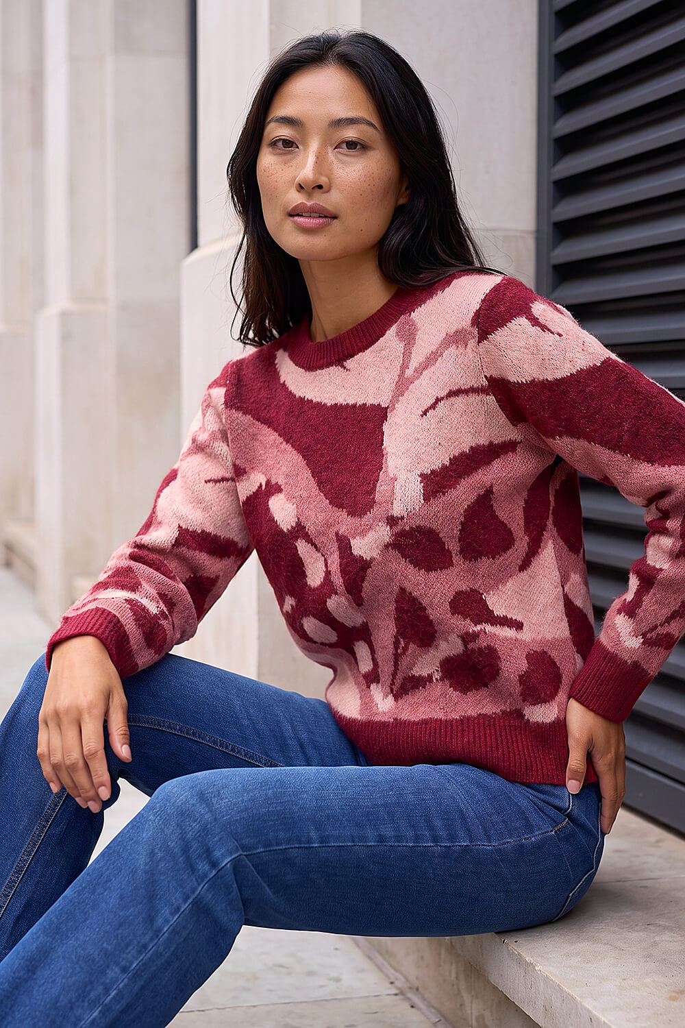 Roman Petite Women's Red Abstract Print Knit Jumper Size 8