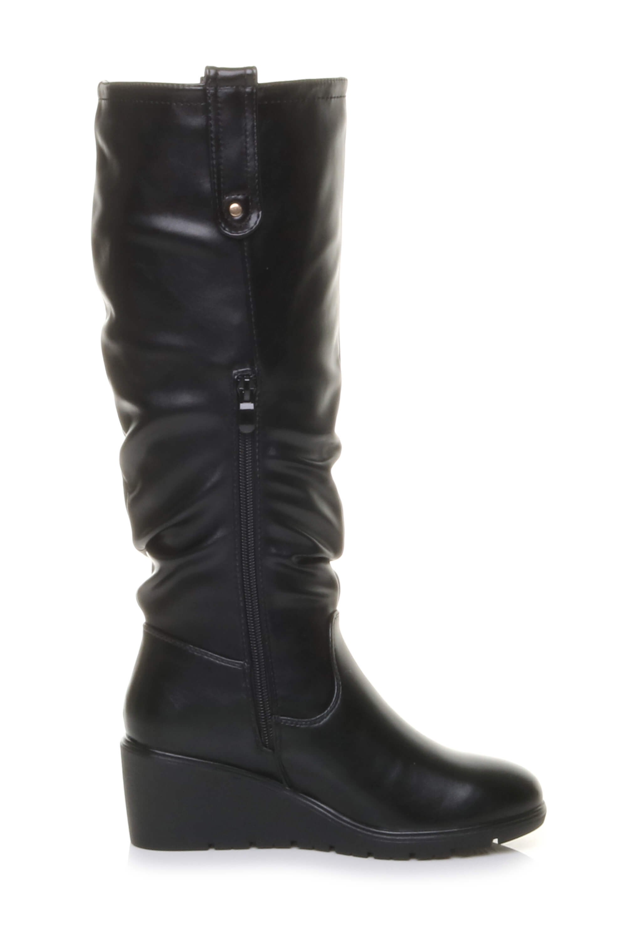Black Mid Wedge Heel Slouch Knee High Calf Boots, Image 3 of 4
