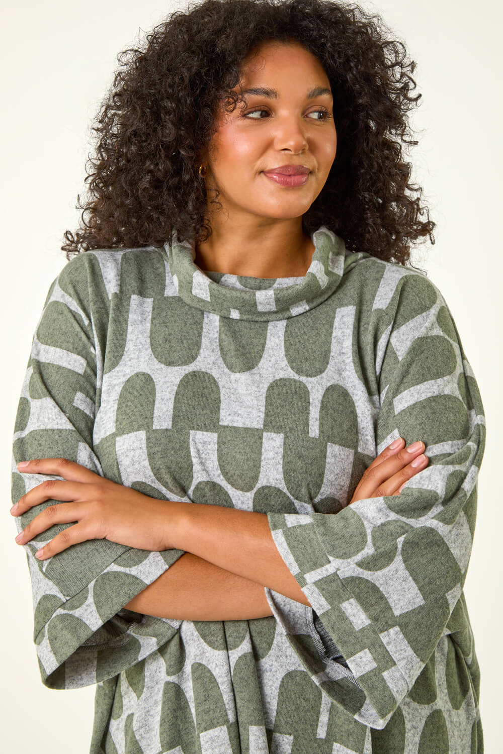 KHAKI Curve Geometric Print Roll Neck Top, Image 5 of 5