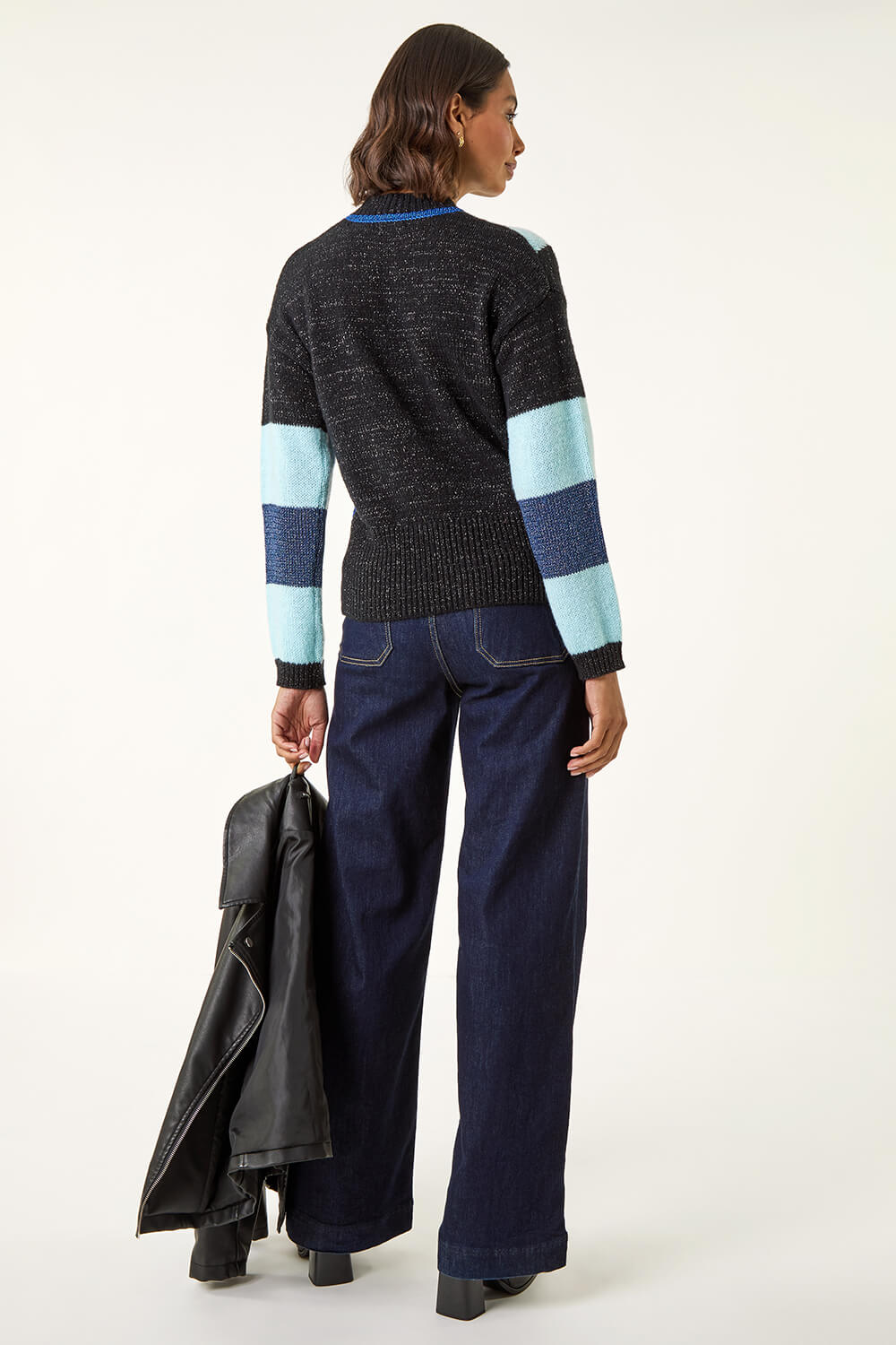 Blue Metallic Colour Block Knit Jumper, Image 4 of 5