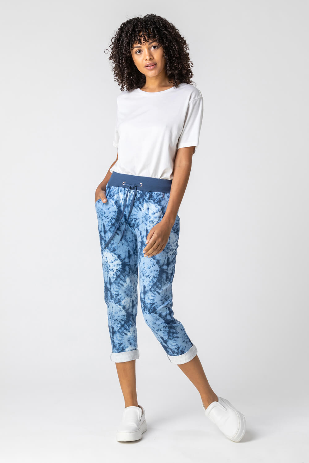 Blue Tie Dye Roll Hem Cropped Pants, Image 1 of 4