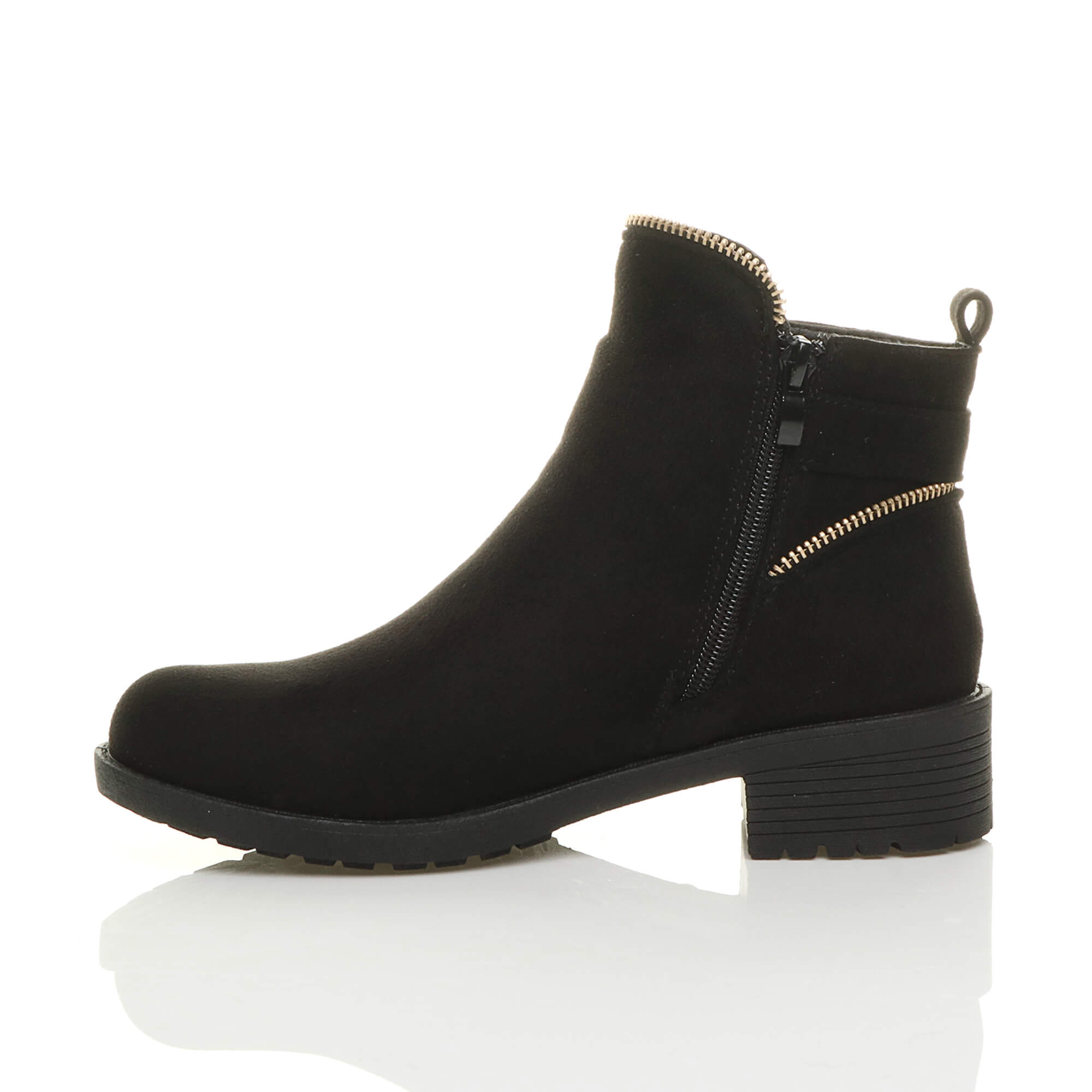 Black Low Heel Gold Zip Ankle Boots, Image 3 of 6