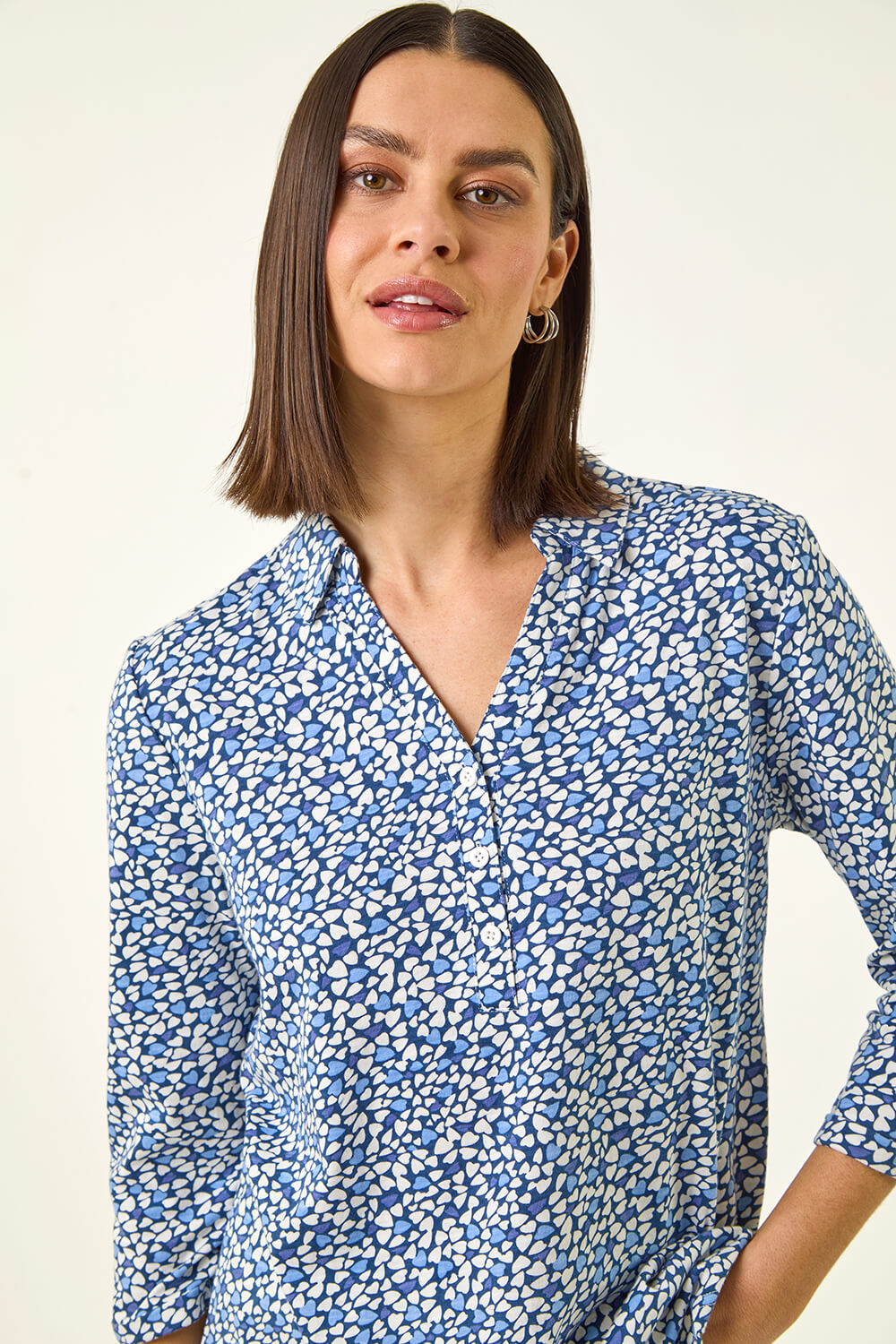 Roman Women's Blue Heart Print Collared Top Size 14