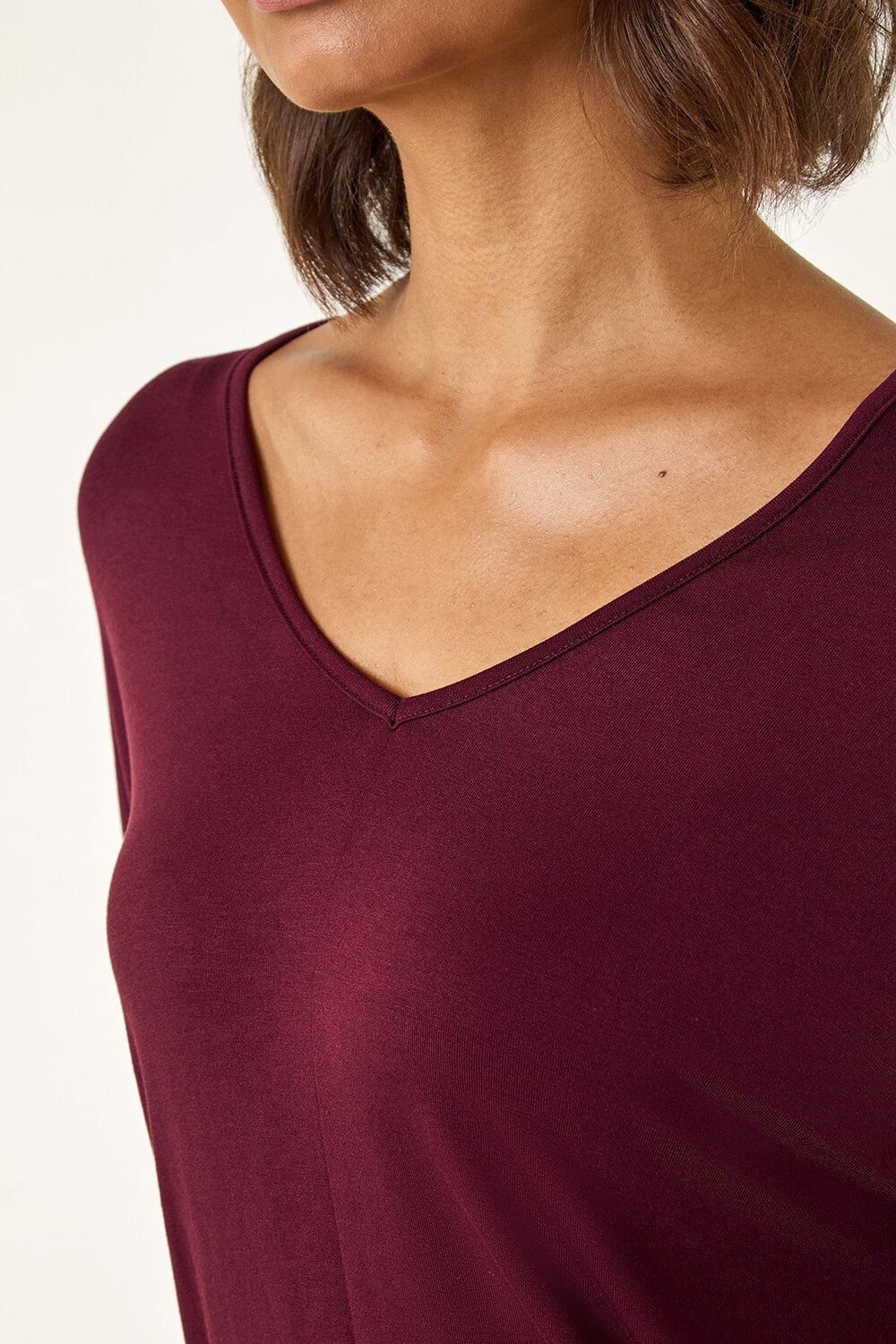 Burgundy V-Neck Jersey Stretch T-Shirt, Image 6 of 5