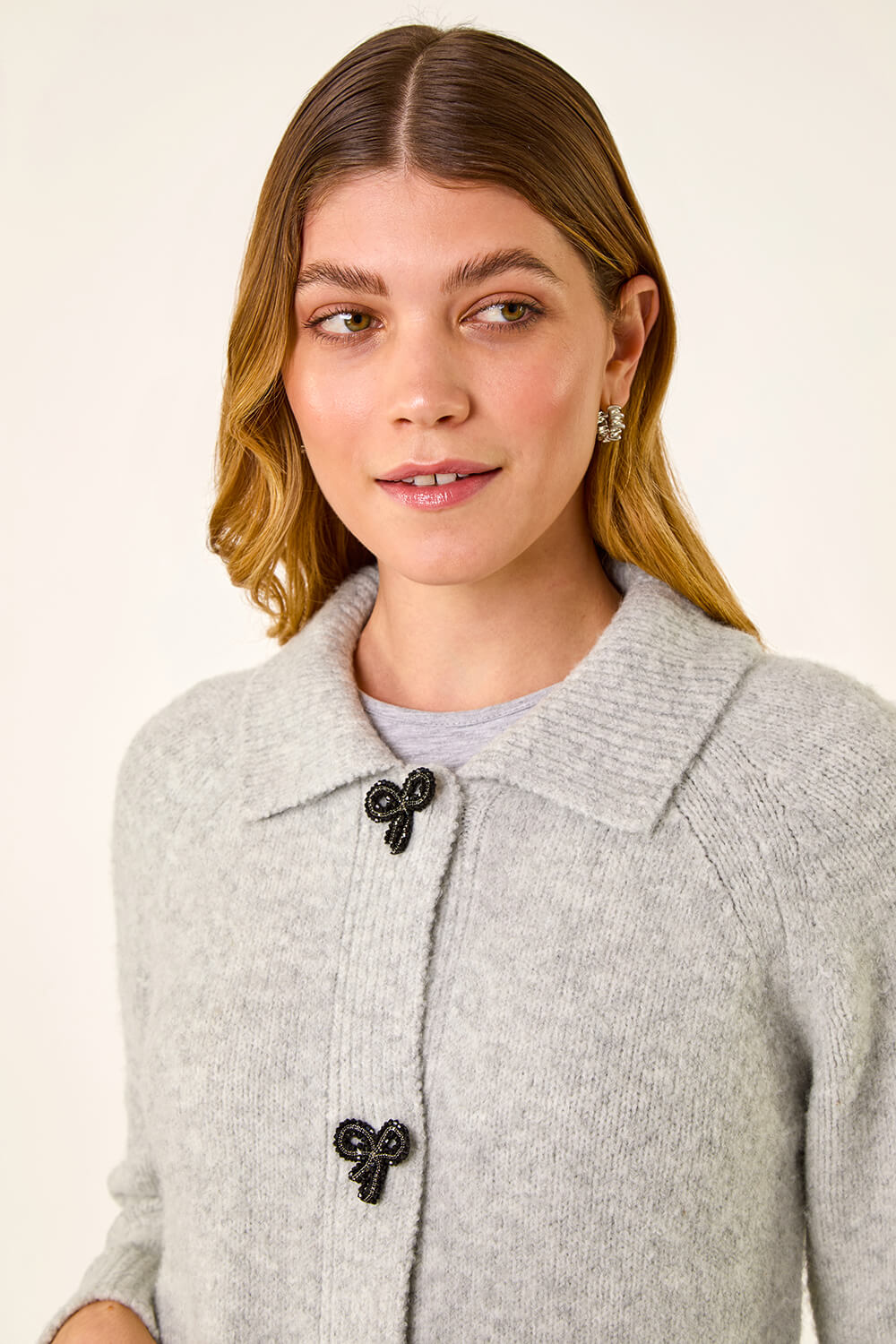 Grey Bow Buttoned Collared Cardigan, Image 5 of 5