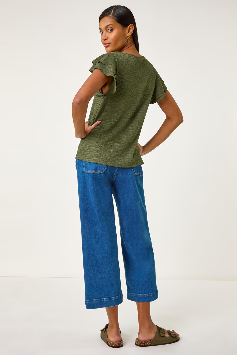 Khaki Textured Frill Sleeve T-Shirt, Image 4 of 5