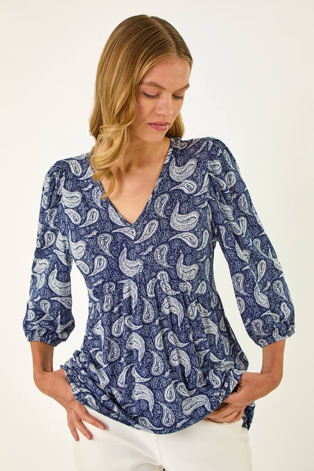 Navy Paisley Print V-Neck Stretch Top, Image 1 of 4