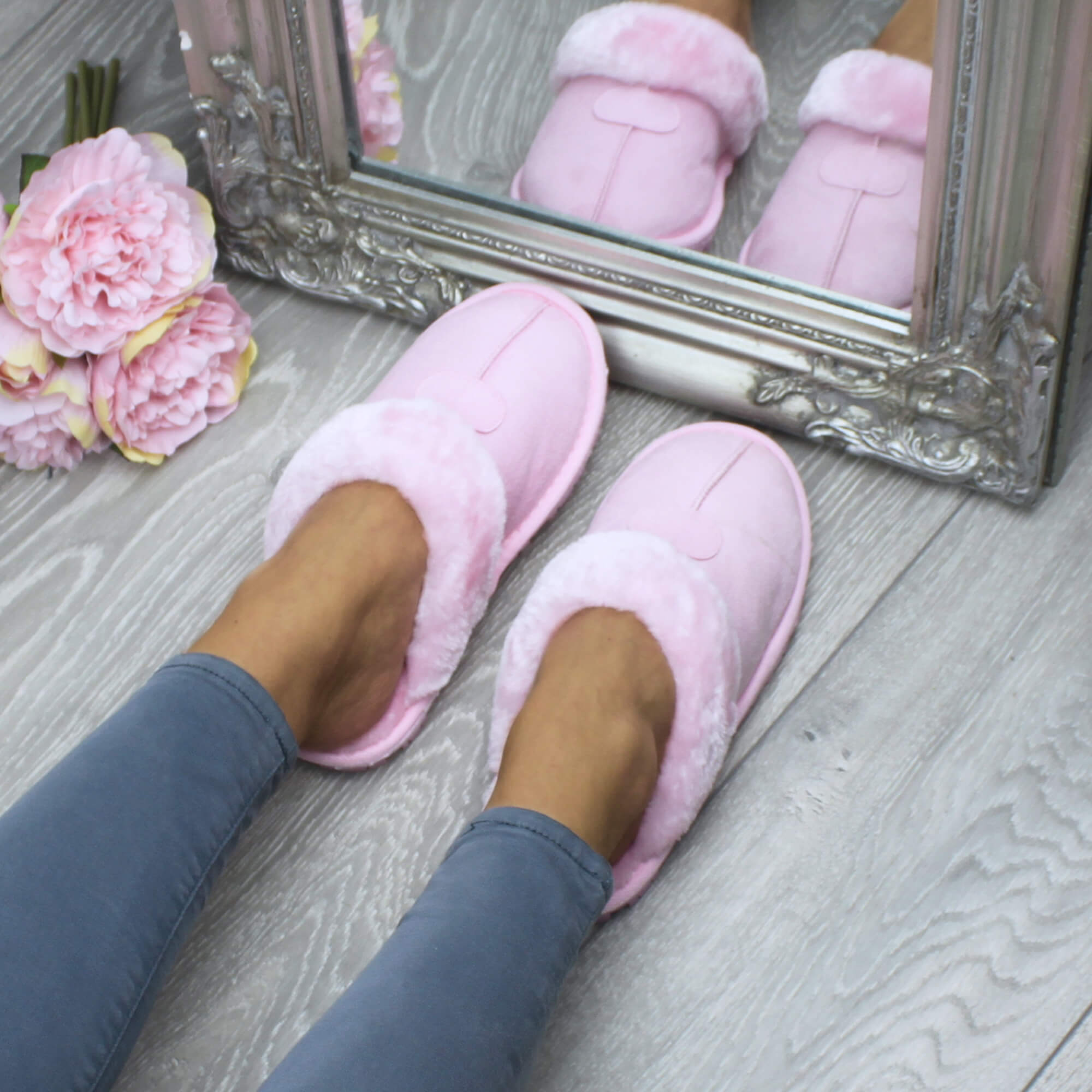 Pink Faux Fur Lined Slip On Memory Foam Mules Slippers, Image 4 of 5