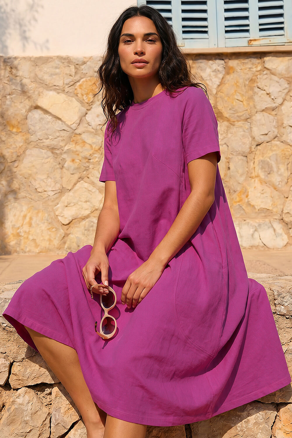 Fuchsia Plain Stretch T-Shirt Dress, Image 1 of 4