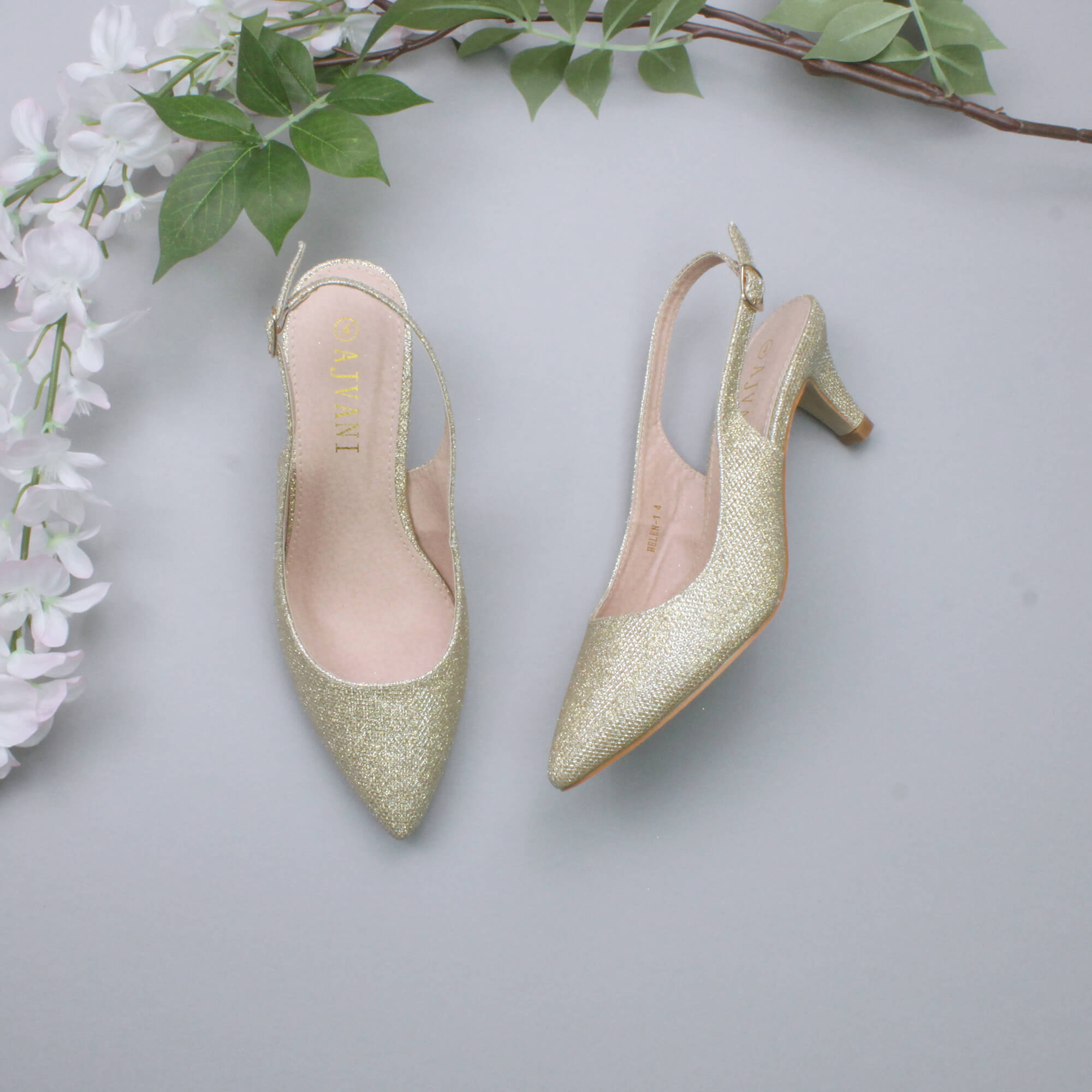 Gold Mid Heel Slingback Pointed Toe Court Shoes, Image 4 of 6