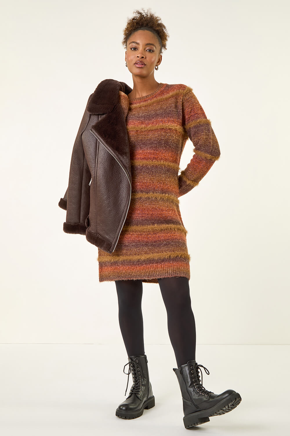 Chocolate Stripe Knit Jumper Dress | Roman UK