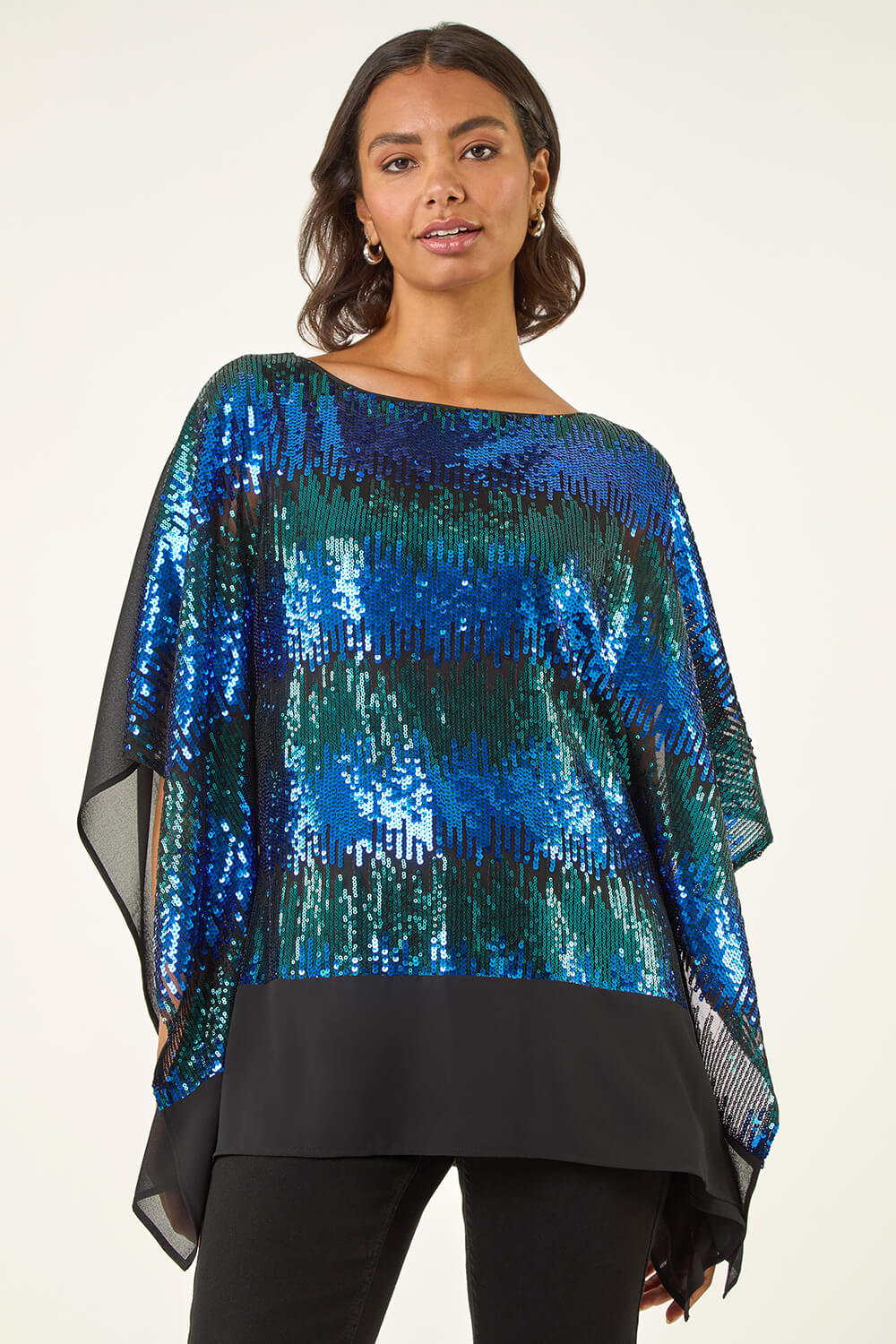 Blue Ombre Sequin Mesh Chiffon Top, Image 1 of 5