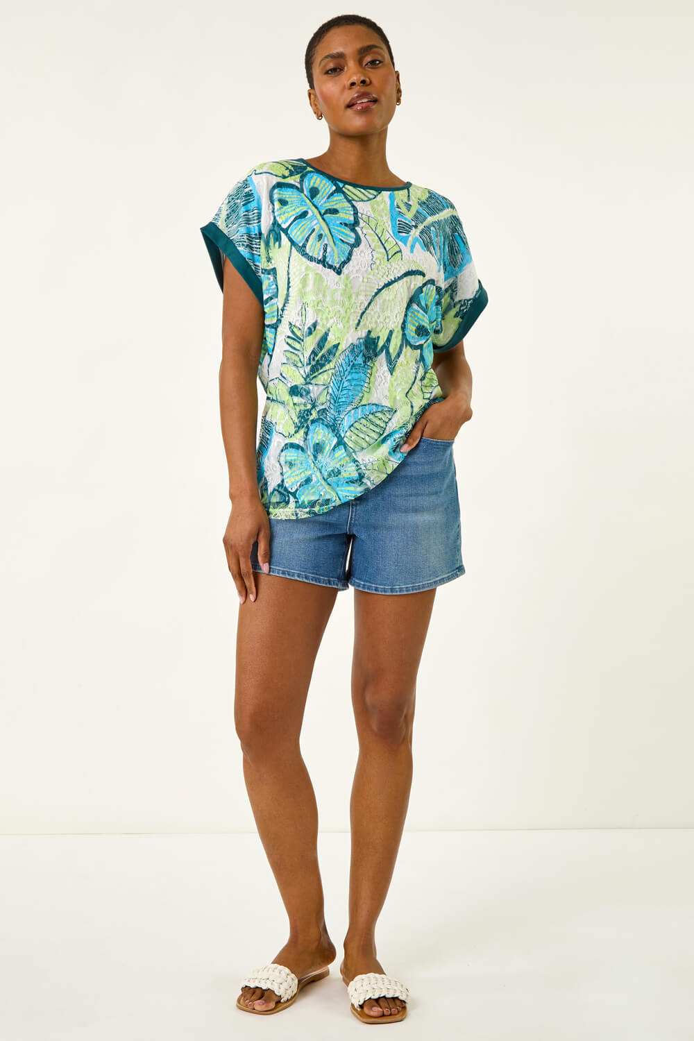 Blue Leaf Print Lace Jersey Top, Image 3 of 5